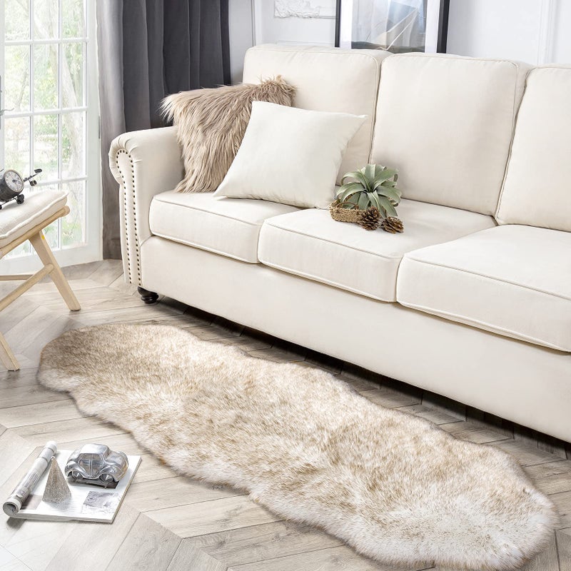 Phantoscope Faux Fur Rug, Fluffy Soft Faux Fox Fur Area Rugs for Bedroom Livingroom Kids Room Decor,Shaggy Fur Rugs Anti-Skid, White Brown, 2 x 6 Feet - Image 3